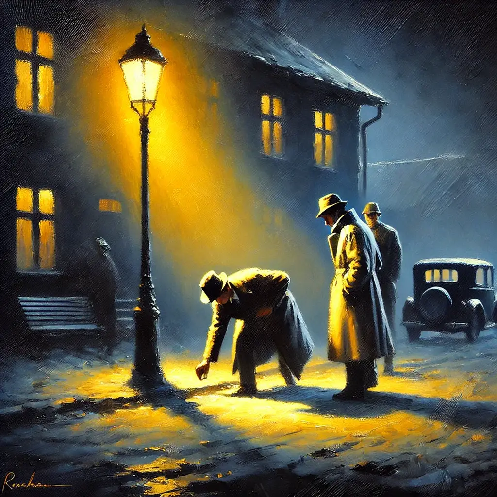 DALL•E 18-02-2025 33.15.17 - Un óleo de dos hombres bajo la luz de una farola delante de una casa por la noche.